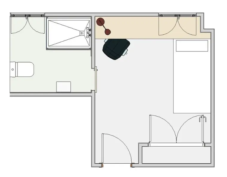 Plano de habitación individual con baño completo, escritorio y distribución interior funcional