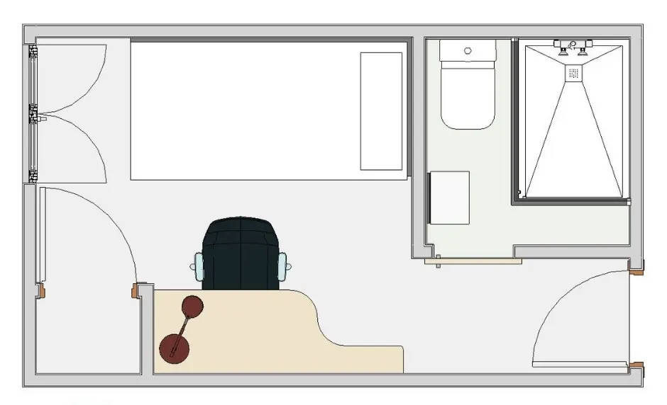 Plano de distribución de la habitación estándar con baño privado y zona de estudio en Tribeca Granada
